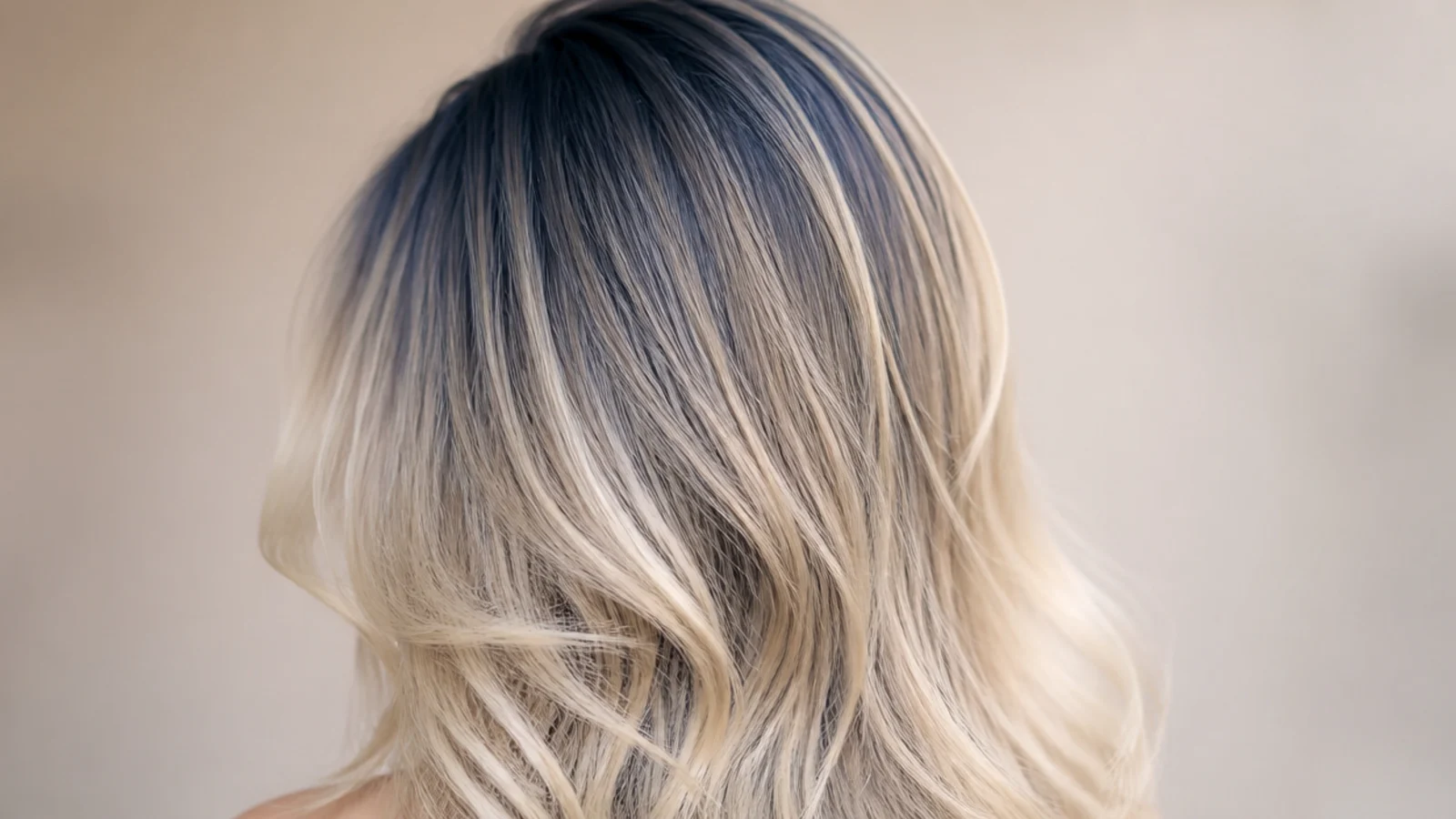 Blue root smudge fading down into pale blonde lengths on long layered hair, photographed from behind