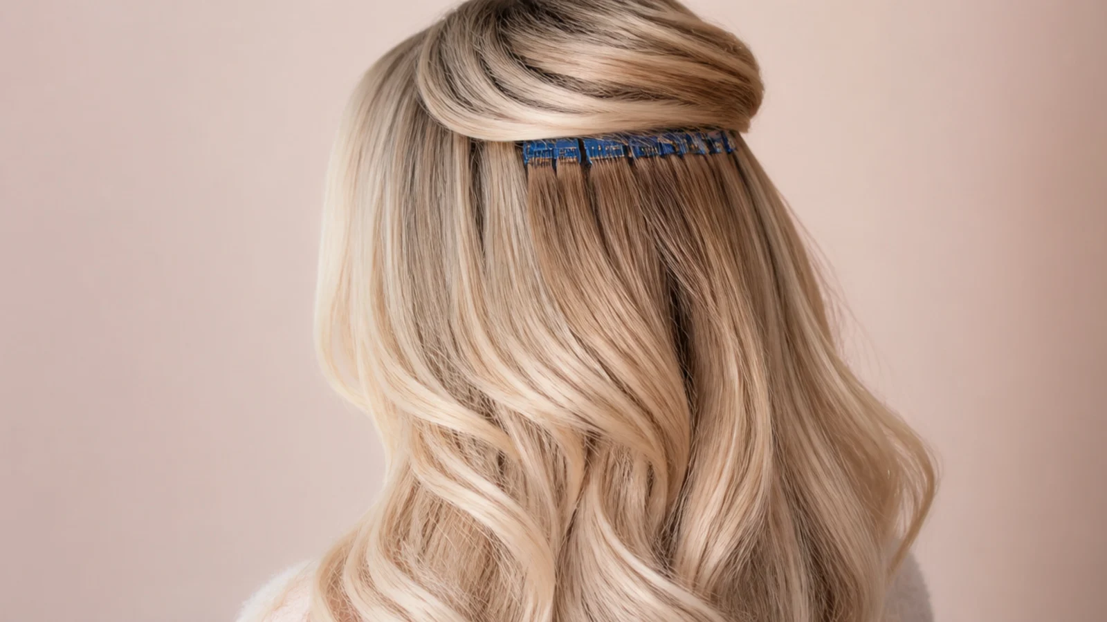 Blue clip in hair extensions blended into long blonde layers, shown from behind