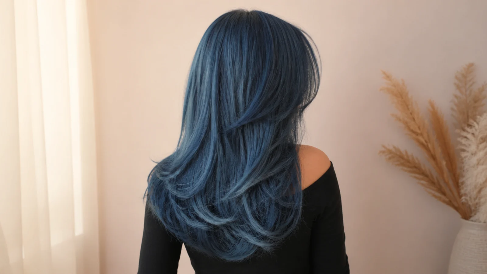 Long layered blue hair with a curtain fringe styled in a soft blowout, photographed from behind against a neutral wall