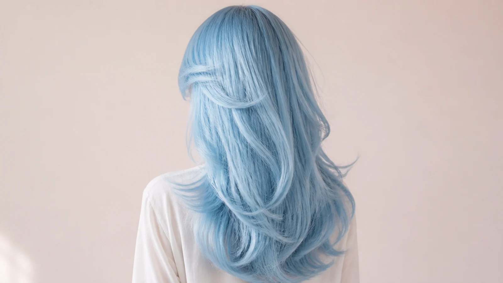 Long layered baby blue hair with a curtain fringe, photographed from behind in soft daylight