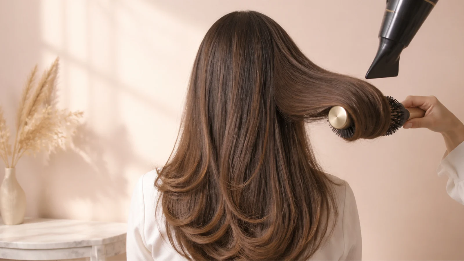 Large round brush creating a rounded bend in long blue hair during a blowout, shot from behind