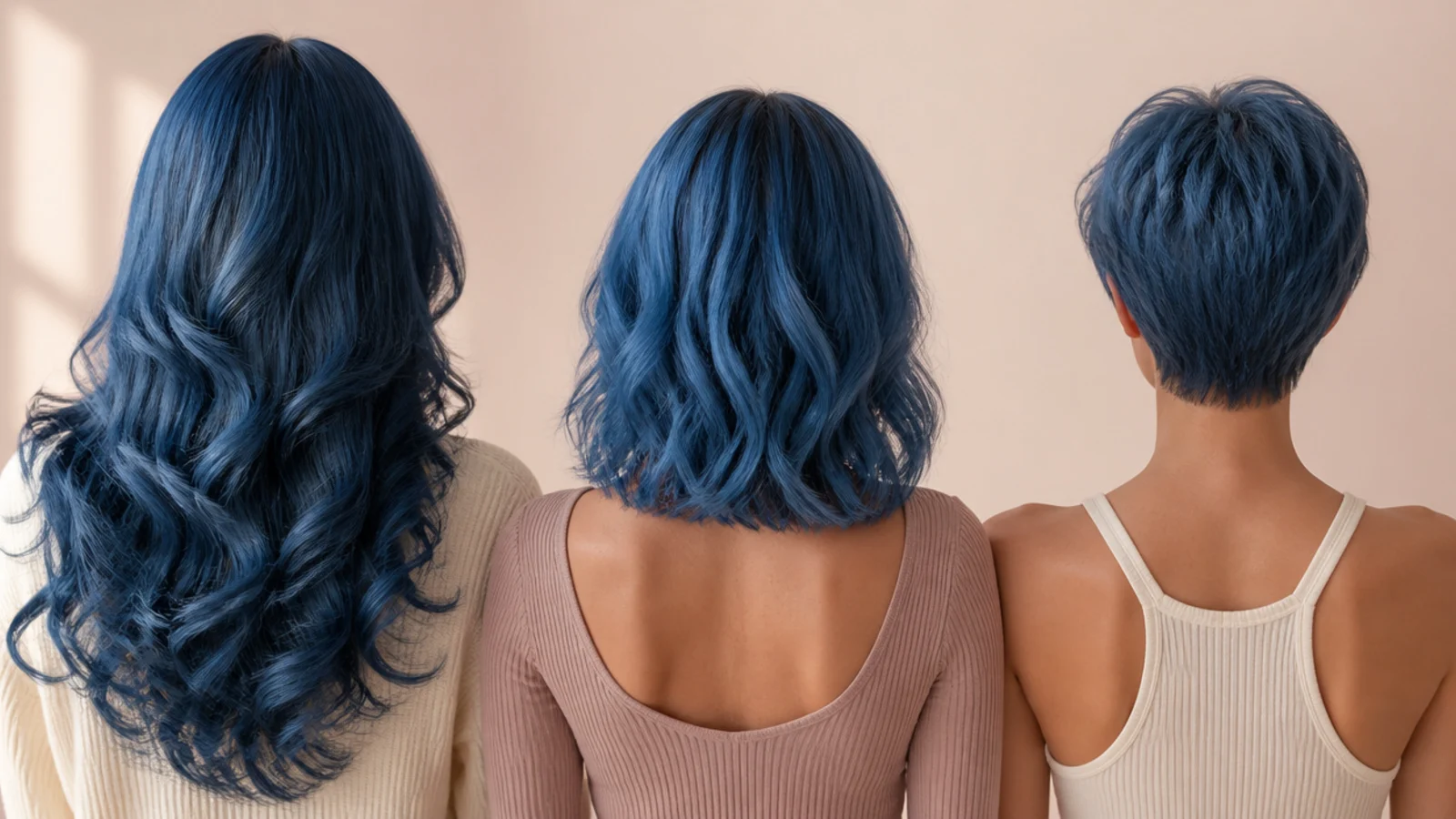 Blue curly hair with a curtain fringe beside a blue lob and a blue pixie, compared from behind