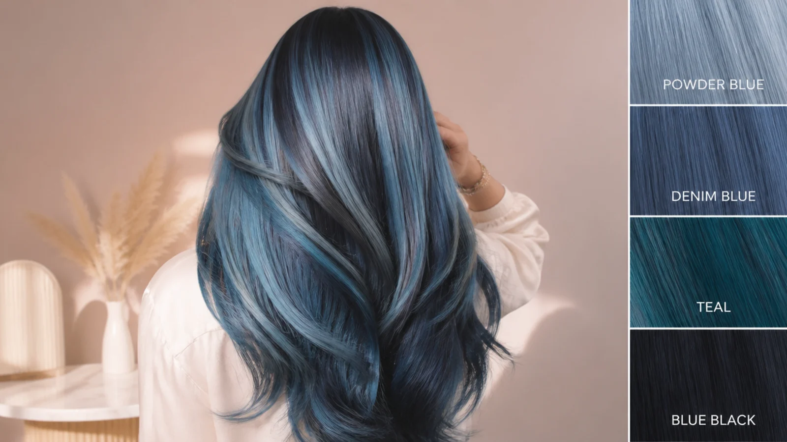 Powder blue, denim blue, teal and blue black swatches shown on long layered hair, photographed from behind
