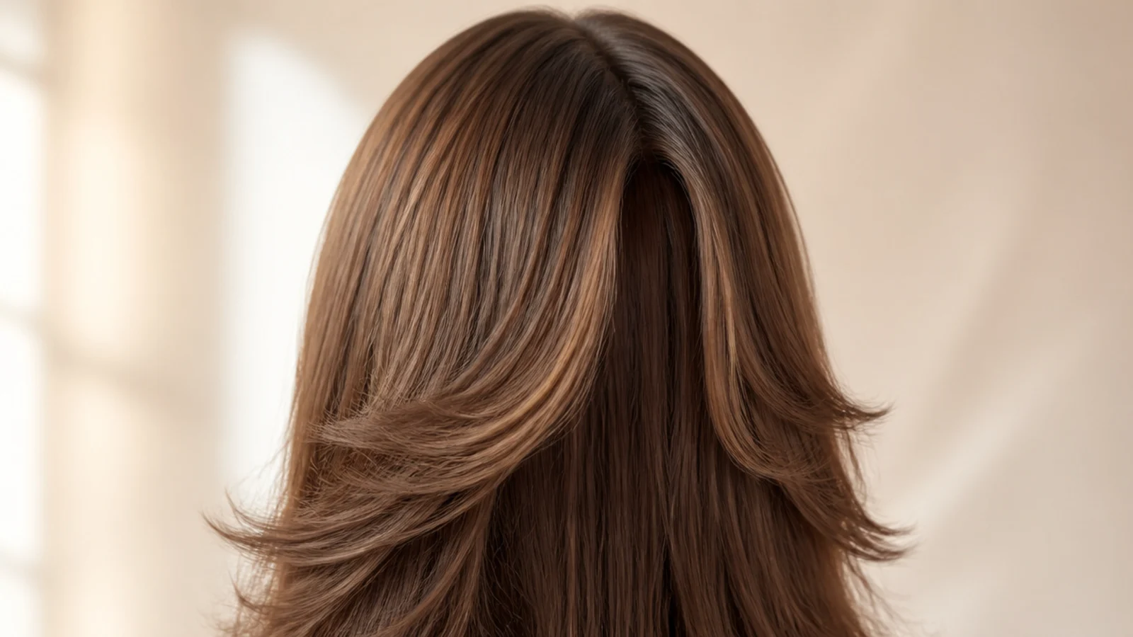 Mushroom brown hair with a soft curtain fringe parted down the center, viewed from behind