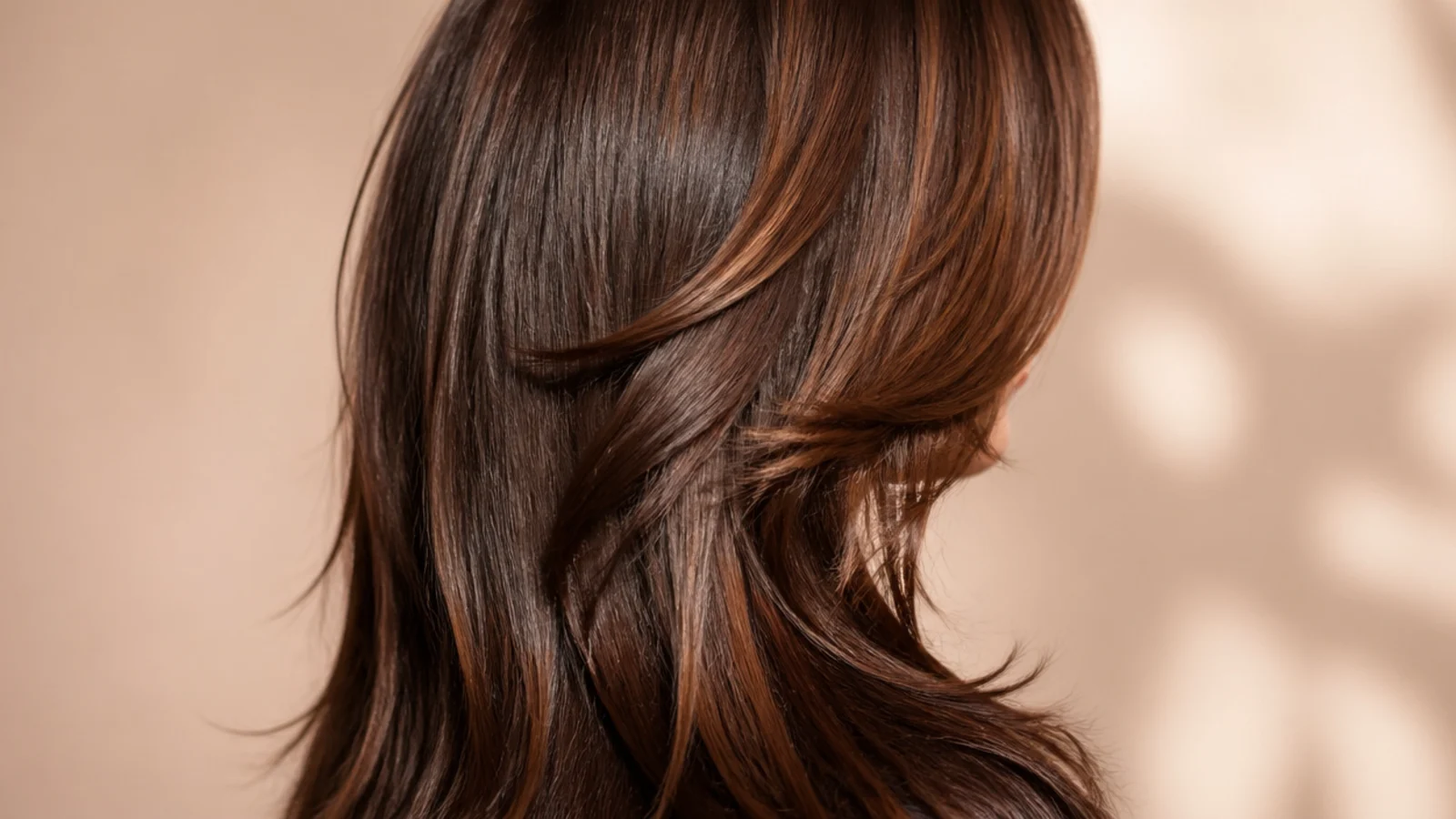 Glossy chocolate brown long layered hair with face-framing pieces falling past the collarbone