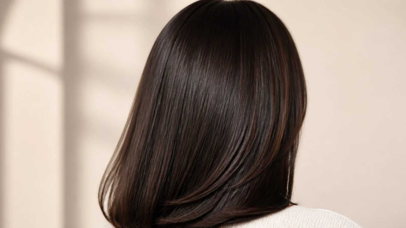 Sleek straight espresso brown hair with a center part and blunt ends, photographed from behind