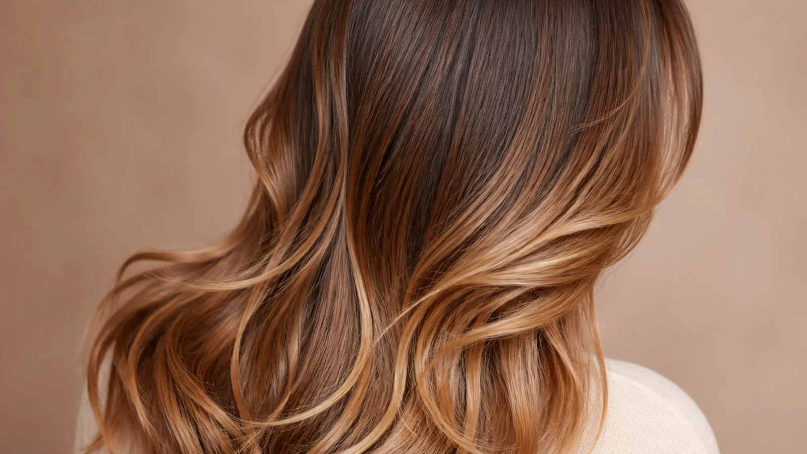 Long layered brown hair with caramel balayage sweeping through the mid-lengths and ends