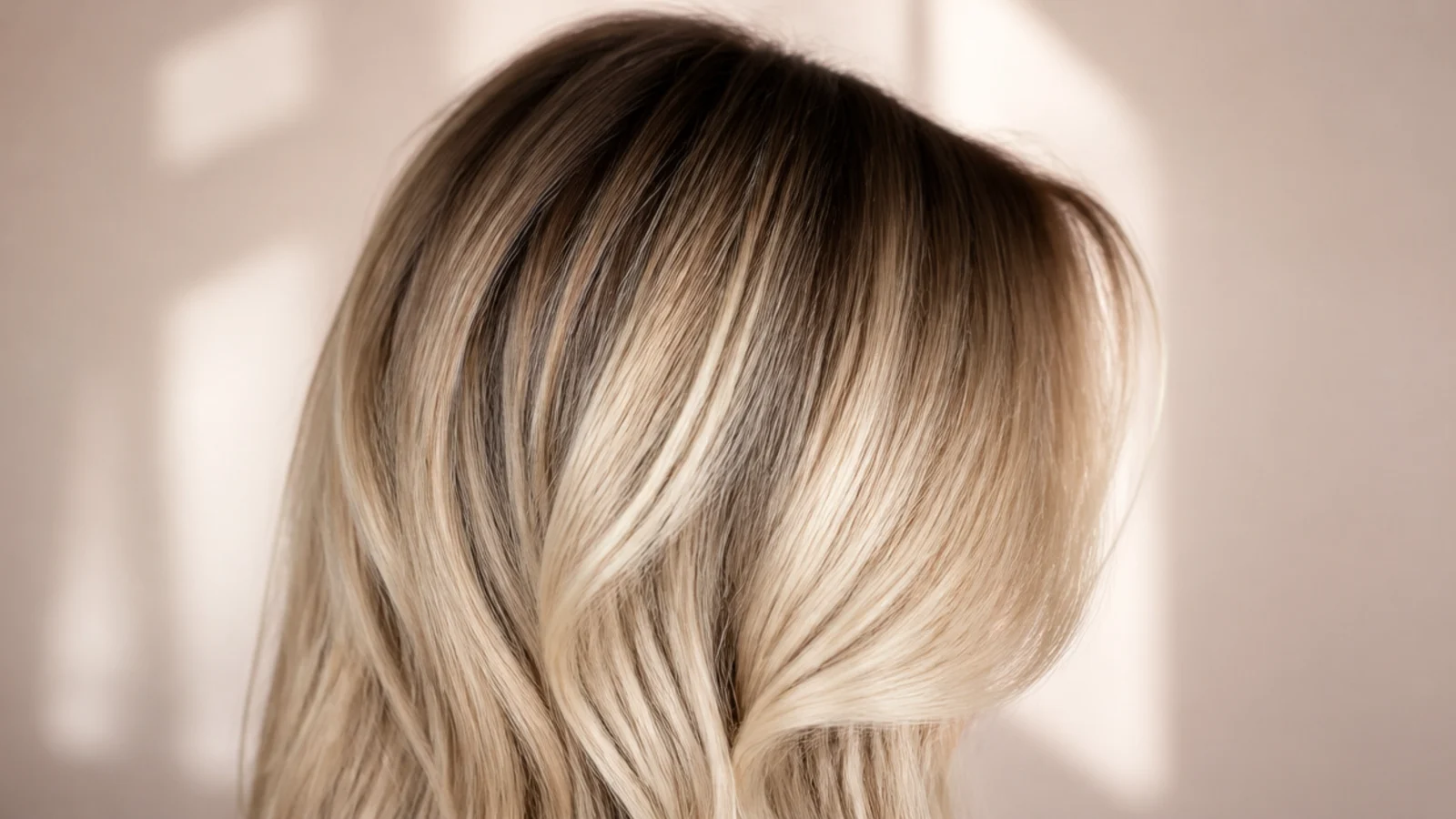 Blonde lengths with a deep brown shadow root melting through the top three inches of hair