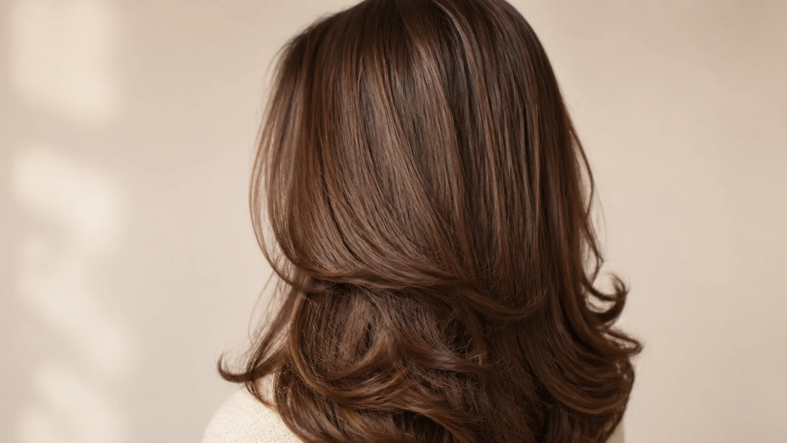 Warm chestnut brown hair in a voluminous nineties blowout with bends at the ends, from behind