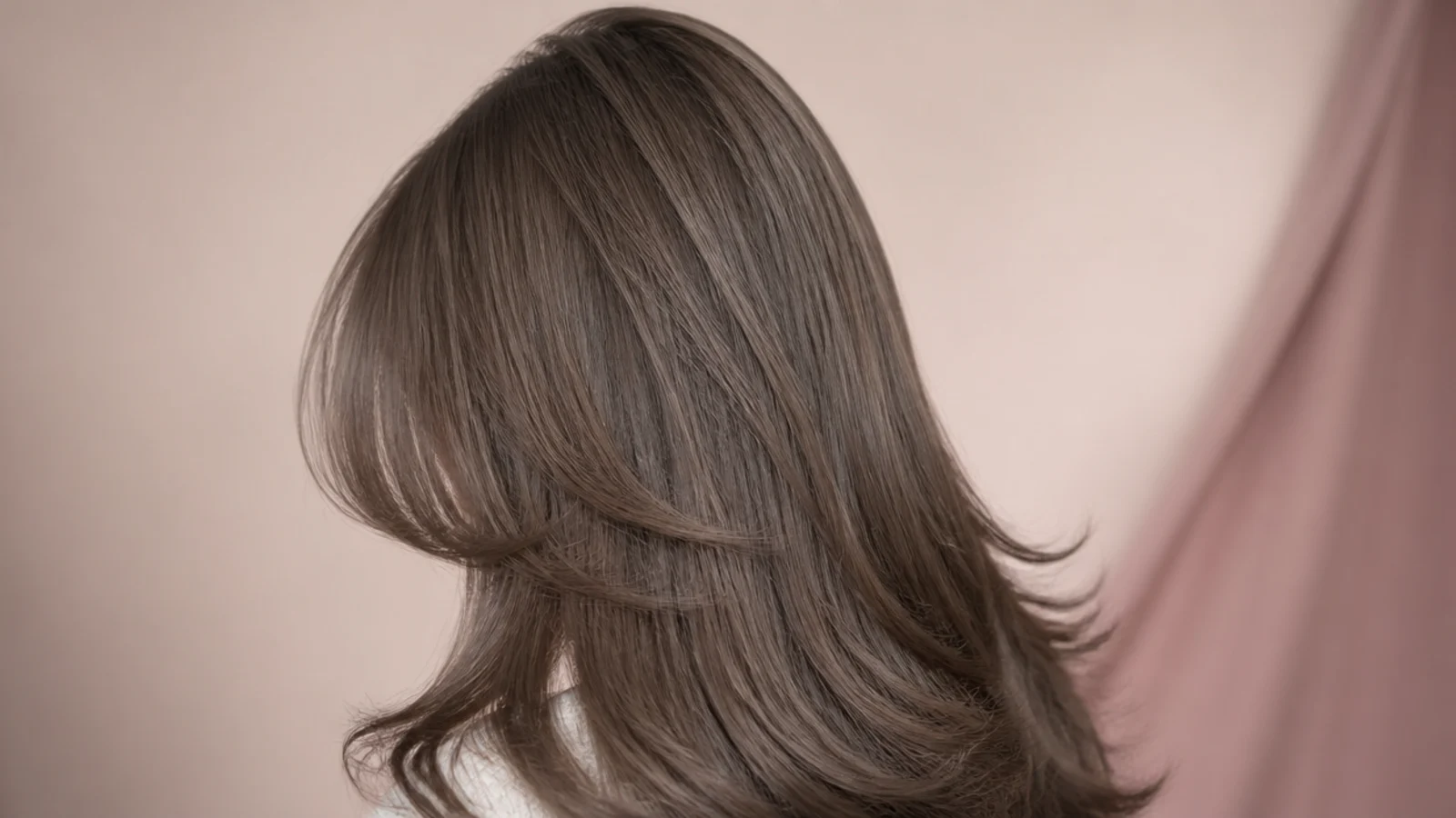 Cool ash brown hair with long curtain bangs sweeping away from a center part, rear view