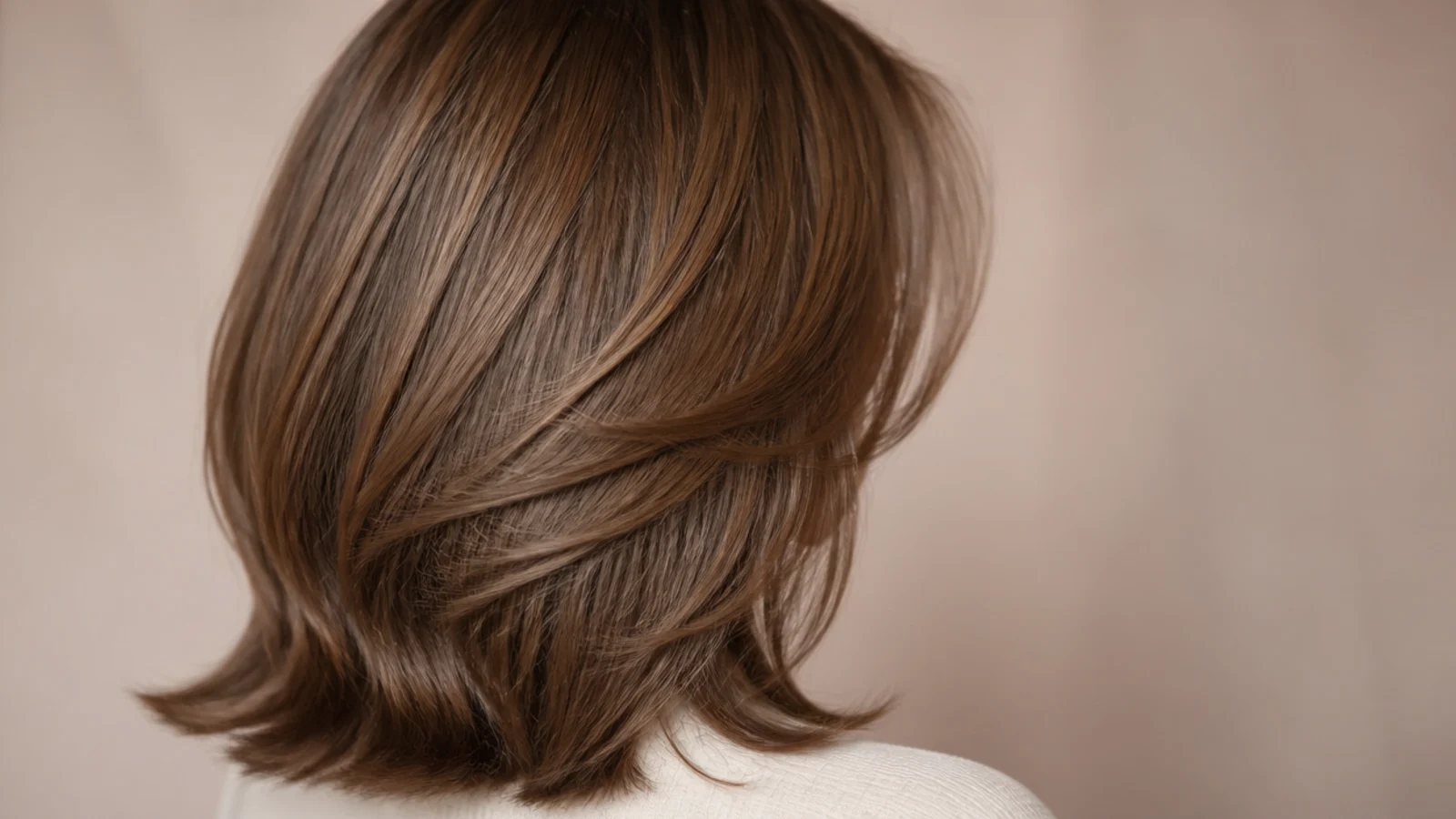 Milk chocolate brown collarbone length lob with soft internal layers, photographed from behind