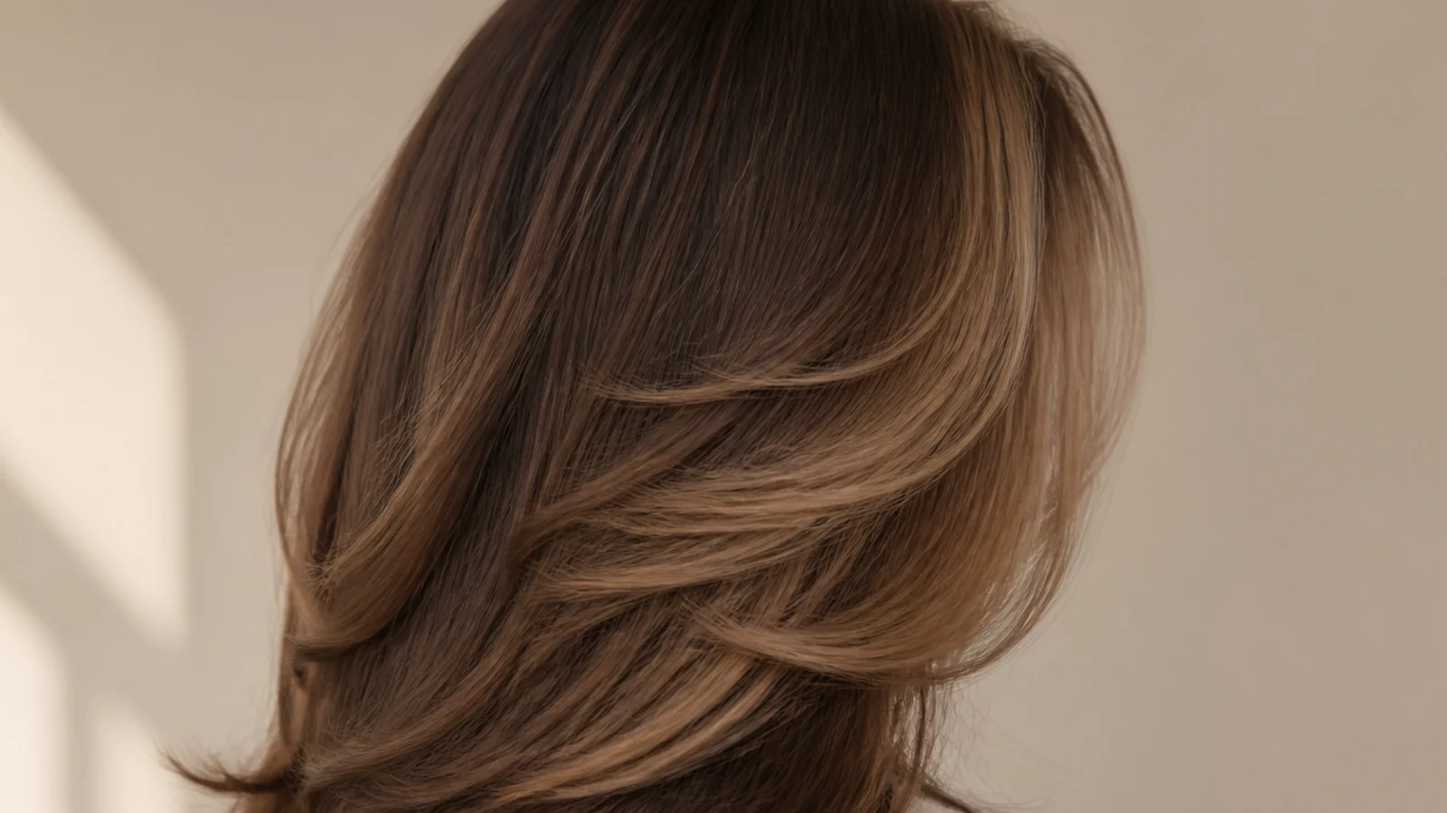 Medium brown hair with toffee highlights concentrated around the face and along the layers