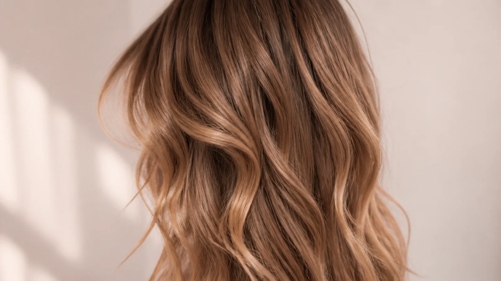 Golden brown hair in loose undone beachy waves with face-framing pieces, viewed from the back