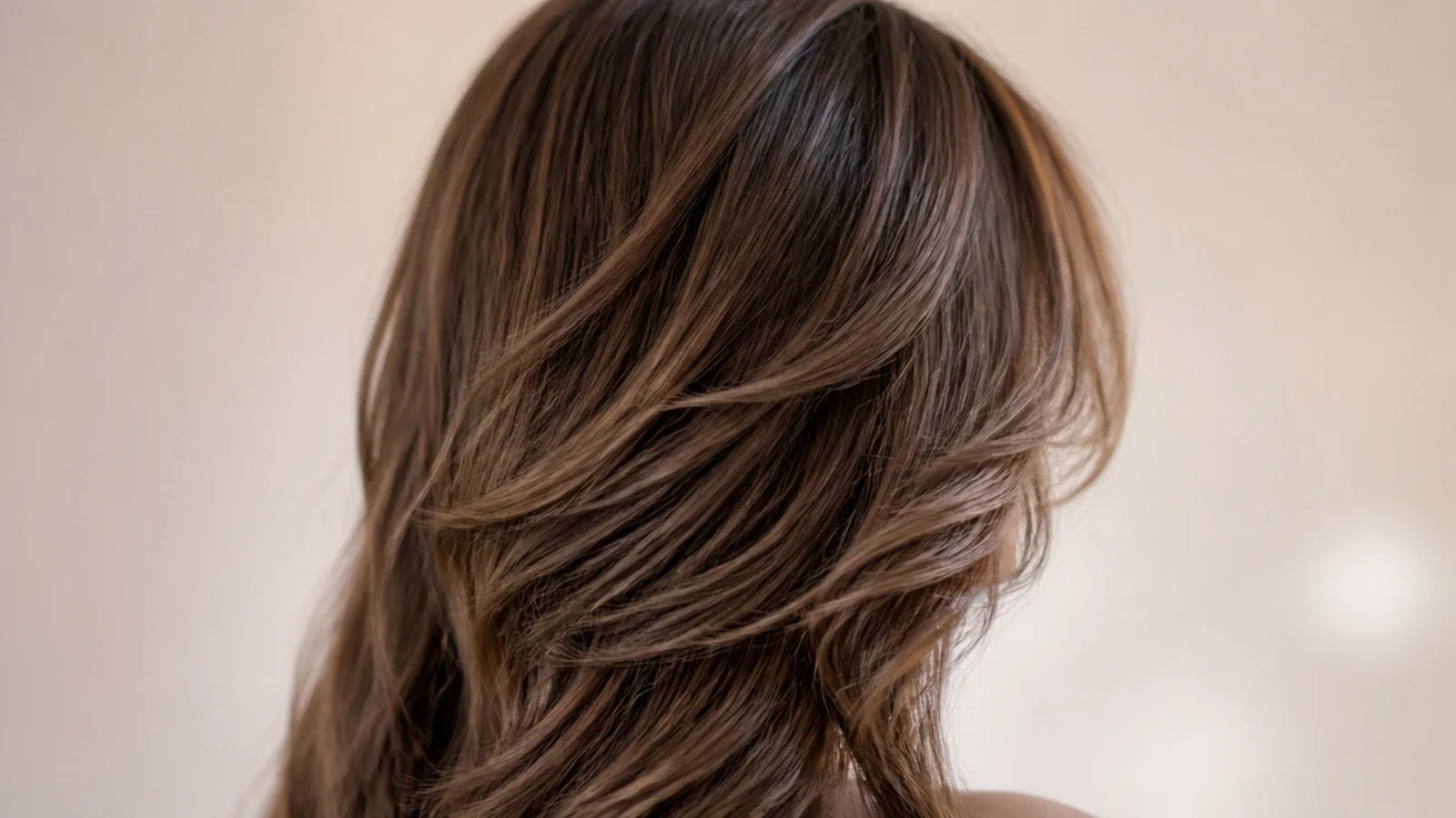 Brown curtain bangs cut long and swept sideways to narrow a round face, rear three-quarter view