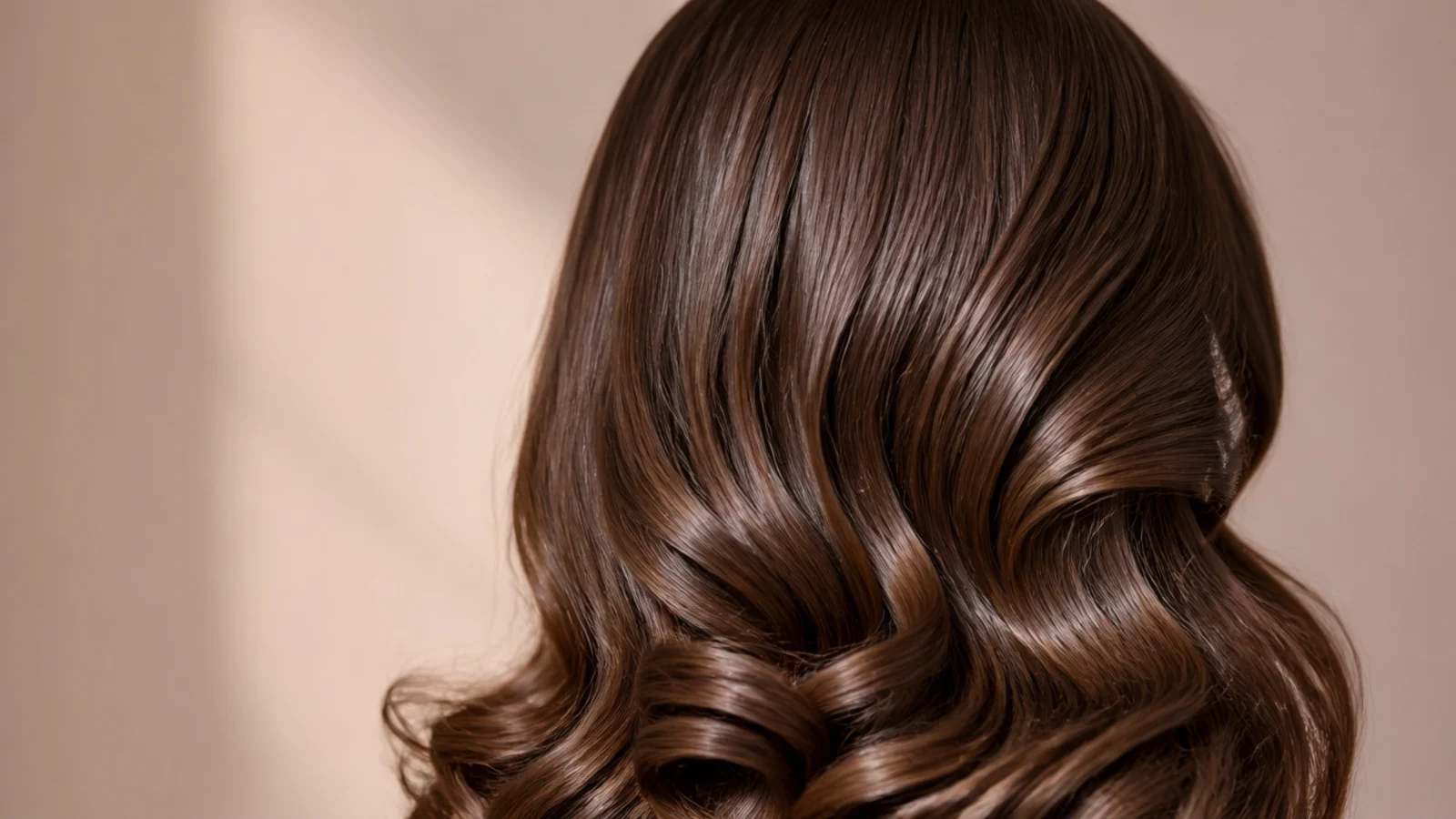 Dark brown hair set into glossy old Hollywood curls brushed into one uniform wave, from behind