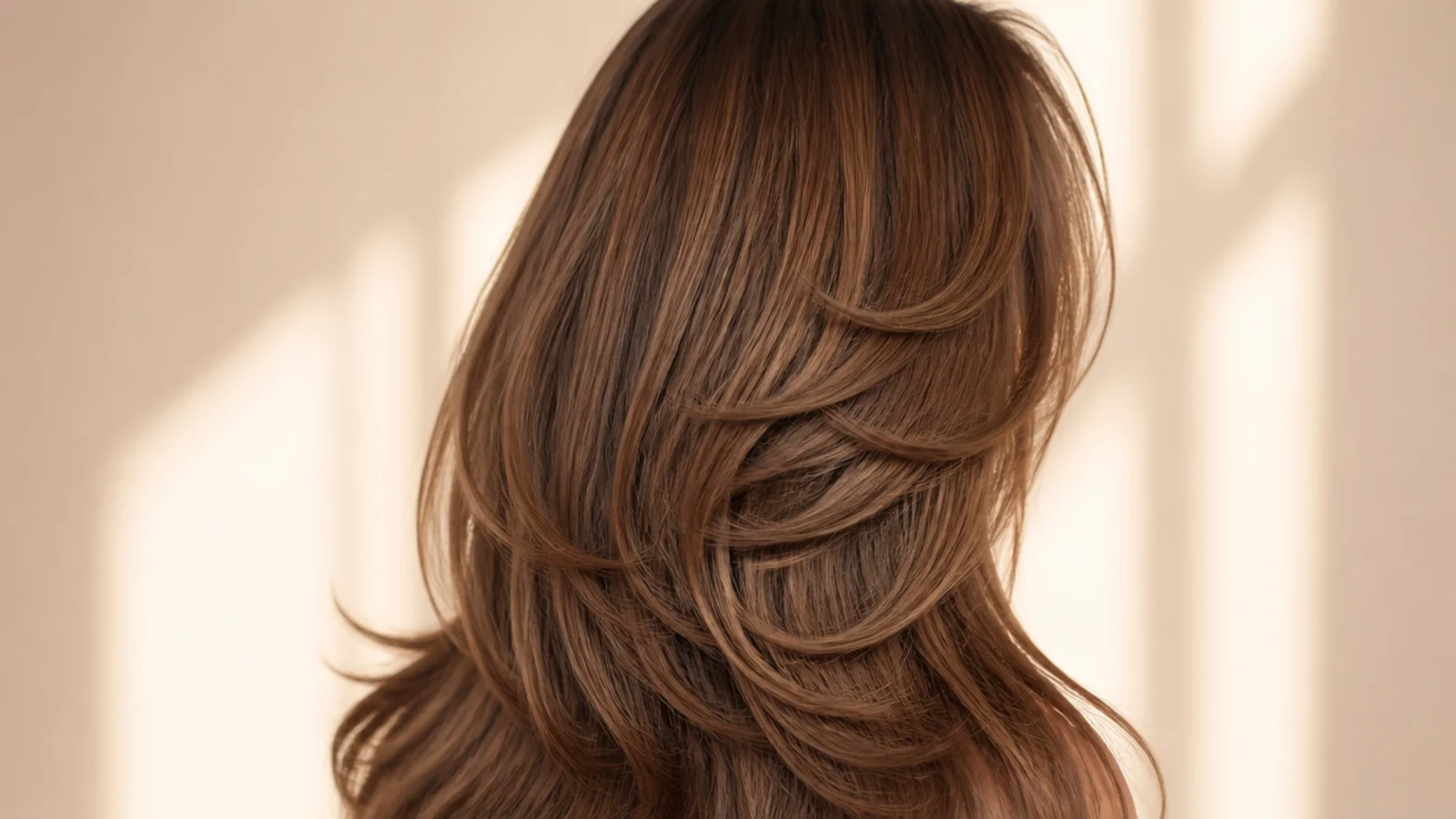Cinnamon brown butterfly cut with short crown layers over long lengths, photographed from behind