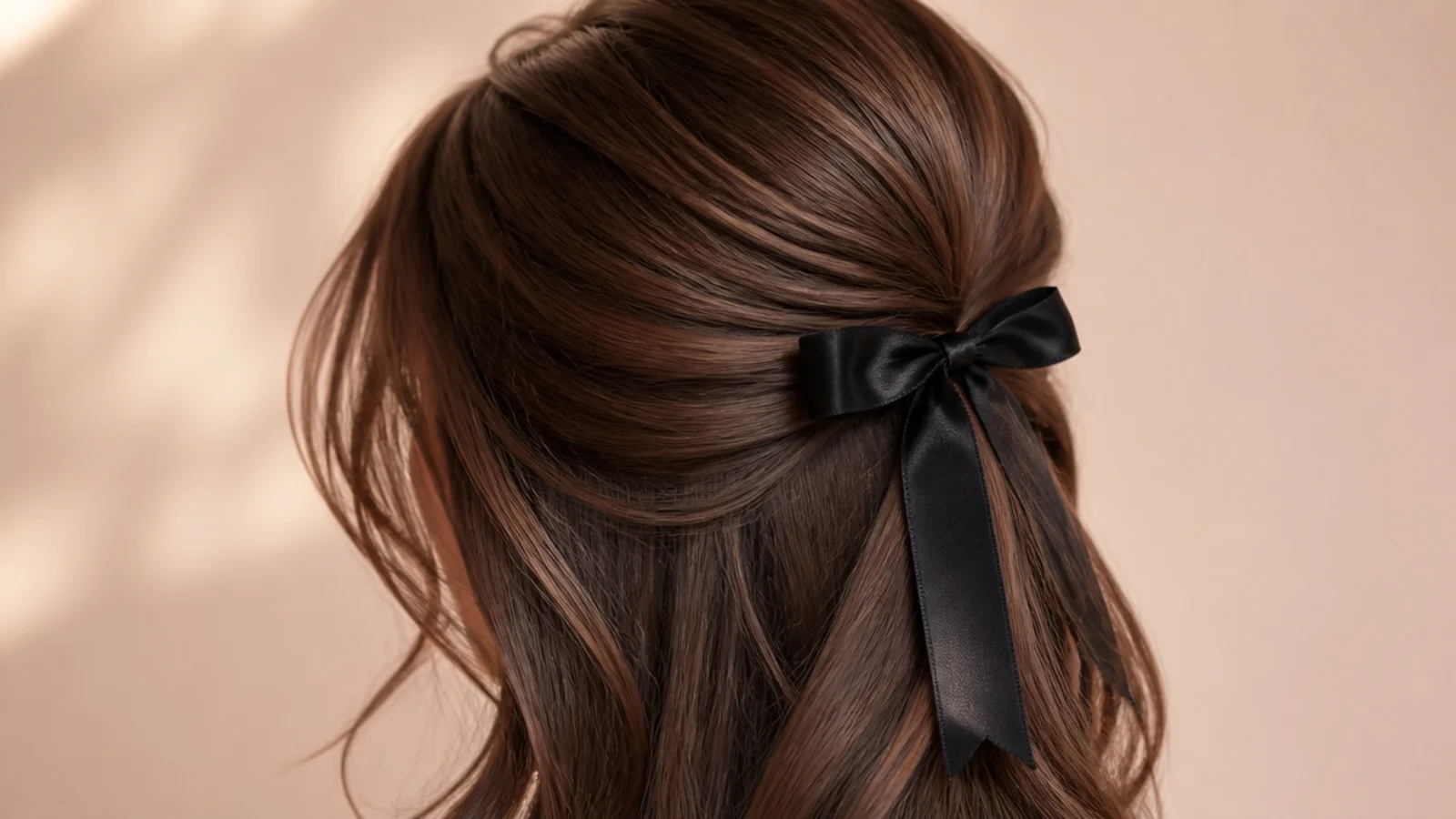 Mocha brown half-up style secured with a black satin bow, face-framing pieces left loose, from behind