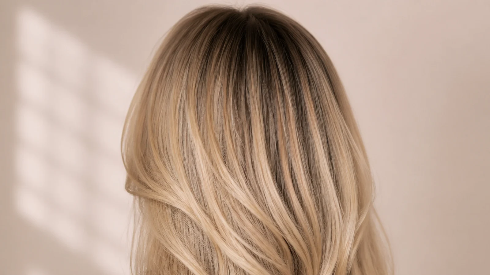 Grown out blonde hair with a soft brown root smudge blurring the regrowth line, rear view