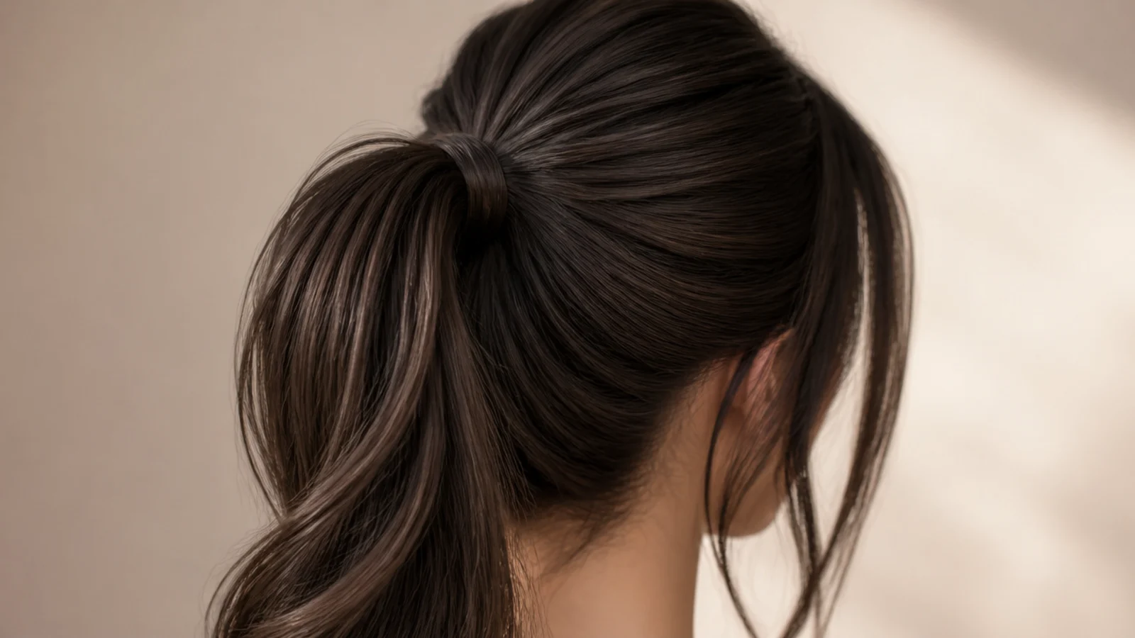 Sleek espresso brown high ponytail with two long face-framing pieces left loose at the front