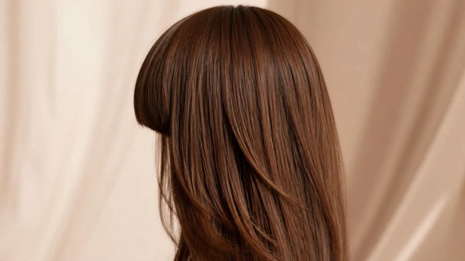 Chocolate brown wig styled sleek with a blunt eyebrow-skimming fringe, photographed from behind