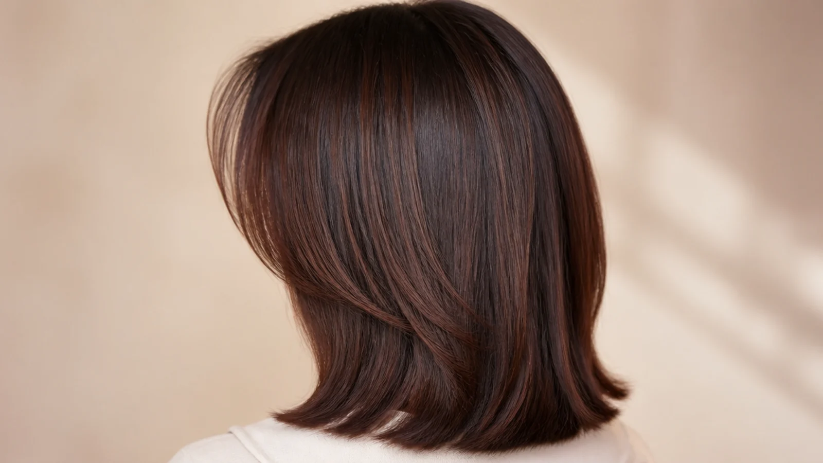 Mahogany brown hair cut to a blunt one-length outline with a long curtain fringe, from behind