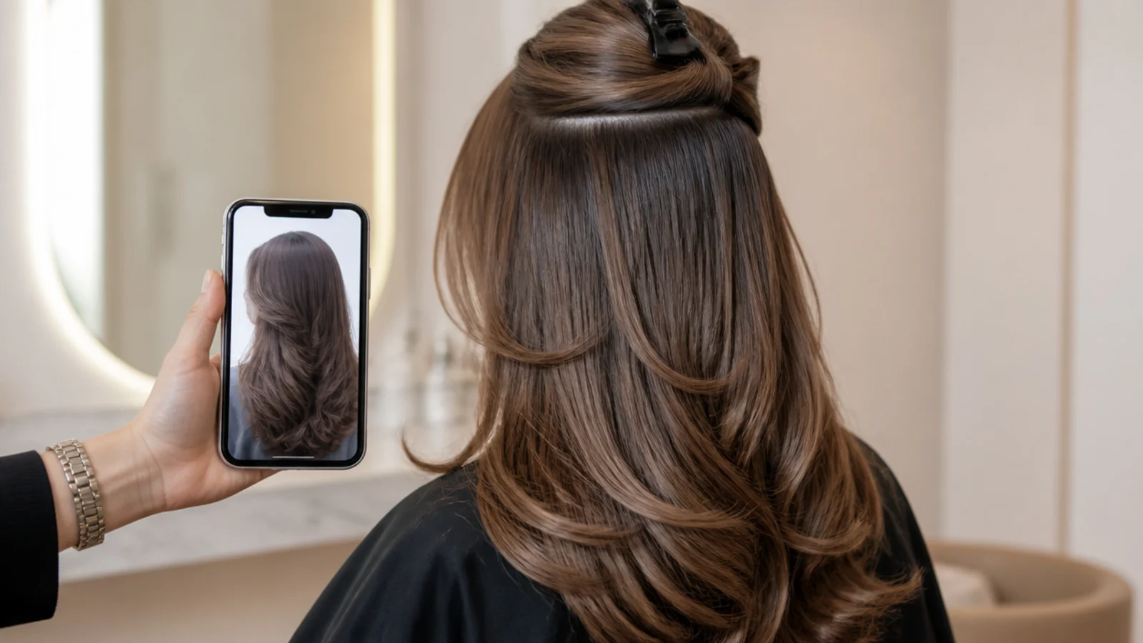 Phone showing brown hair reference photos held up beside sectioned hair at a salon
