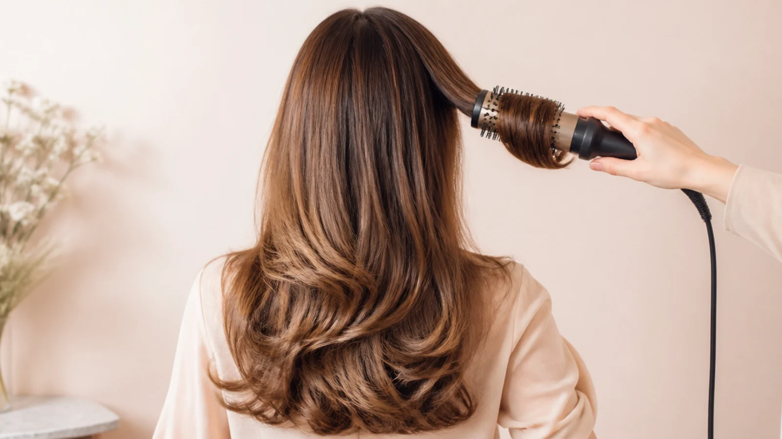 Brown hair being dried in sections around a two inch ceramic round brush with a nozzle attached