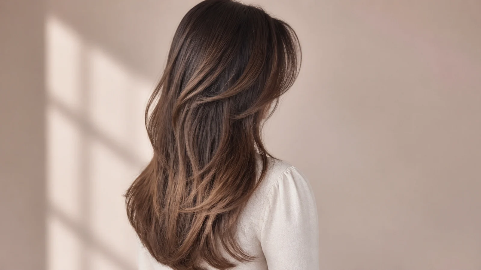 Long layered brown hair with a curtain fringe and face-framing pieces, photographed from behind
