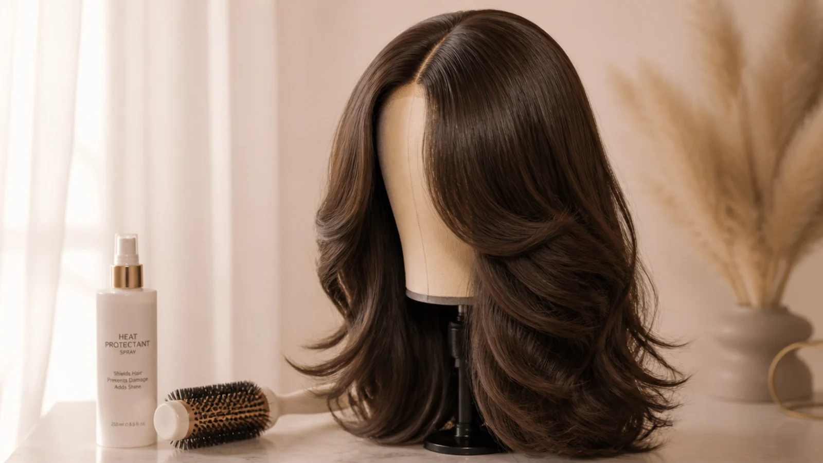 Chocolate brown lace-front wig on a stand beside a hairbrush and heat protectant