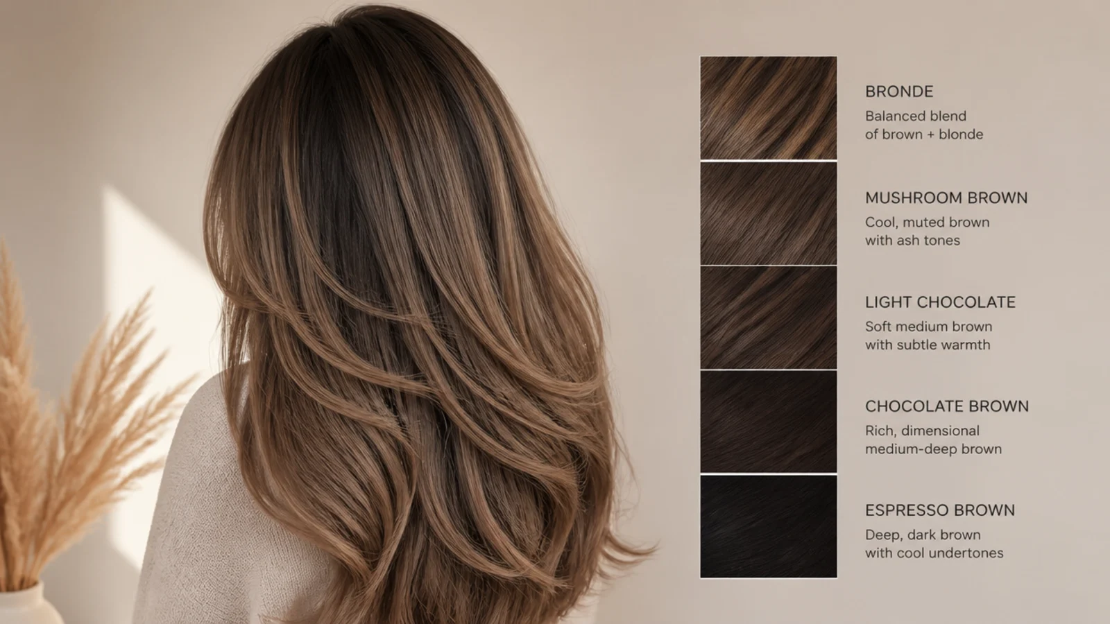 Hair color swatch ladder running from bronde through mushroom and chocolate to espresso brown