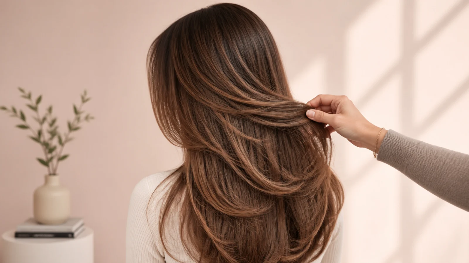 Long layered brown hair showing face-framing layers starting at the jaw and graduating down
