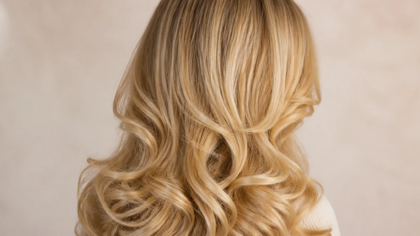 Long buttery blonde Old Hollywood curls with curtain bang face framing, seen from behind