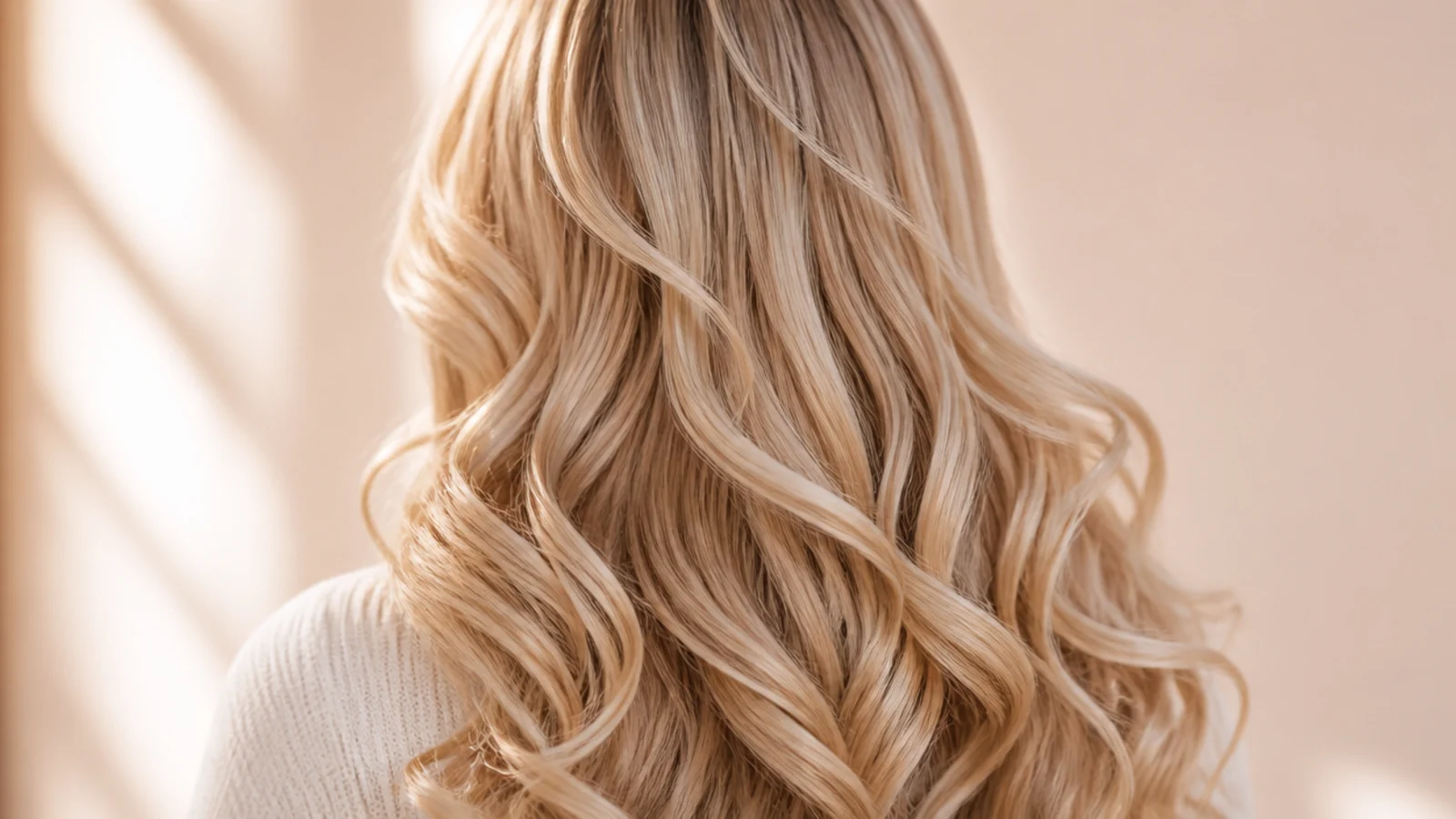 Bouncy blonde curls made with a one inch curling iron on long layered hair, back view