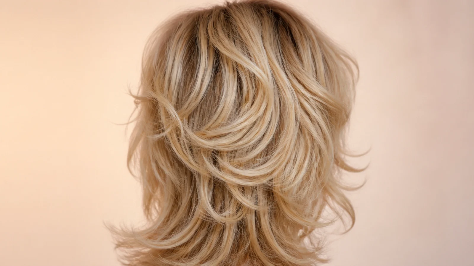 Curly blonde shag haircut with heavy face-framing layers and visible internal layering, rear view