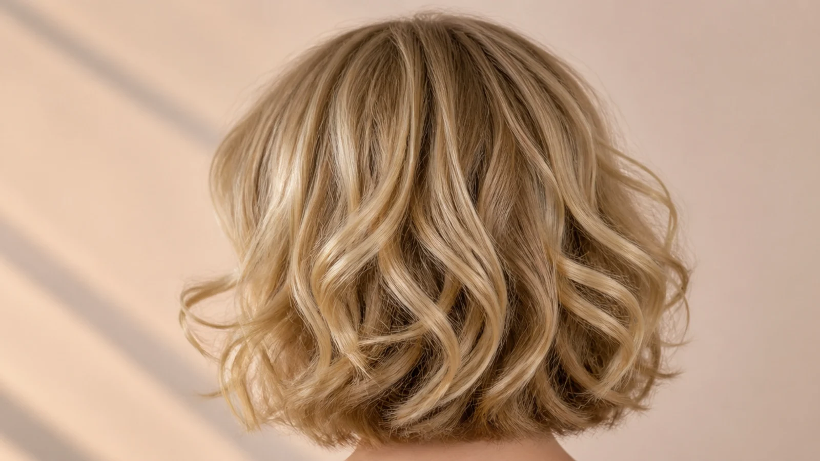 Chin-length curly blonde bob with a short curtain fringe, photographed from the back