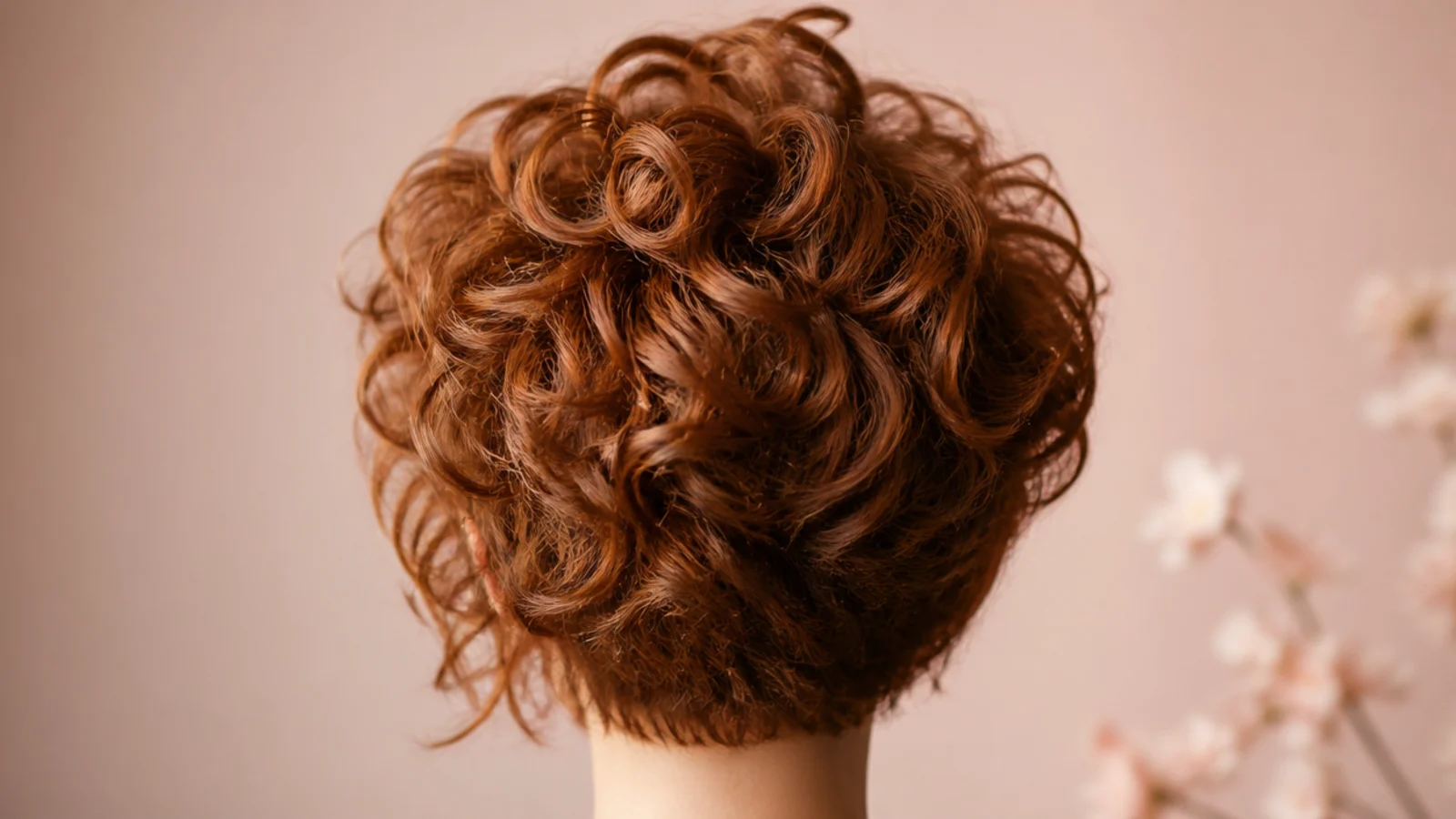 Short auburn curly pixie cut with textured curls at the crown, viewed from behind