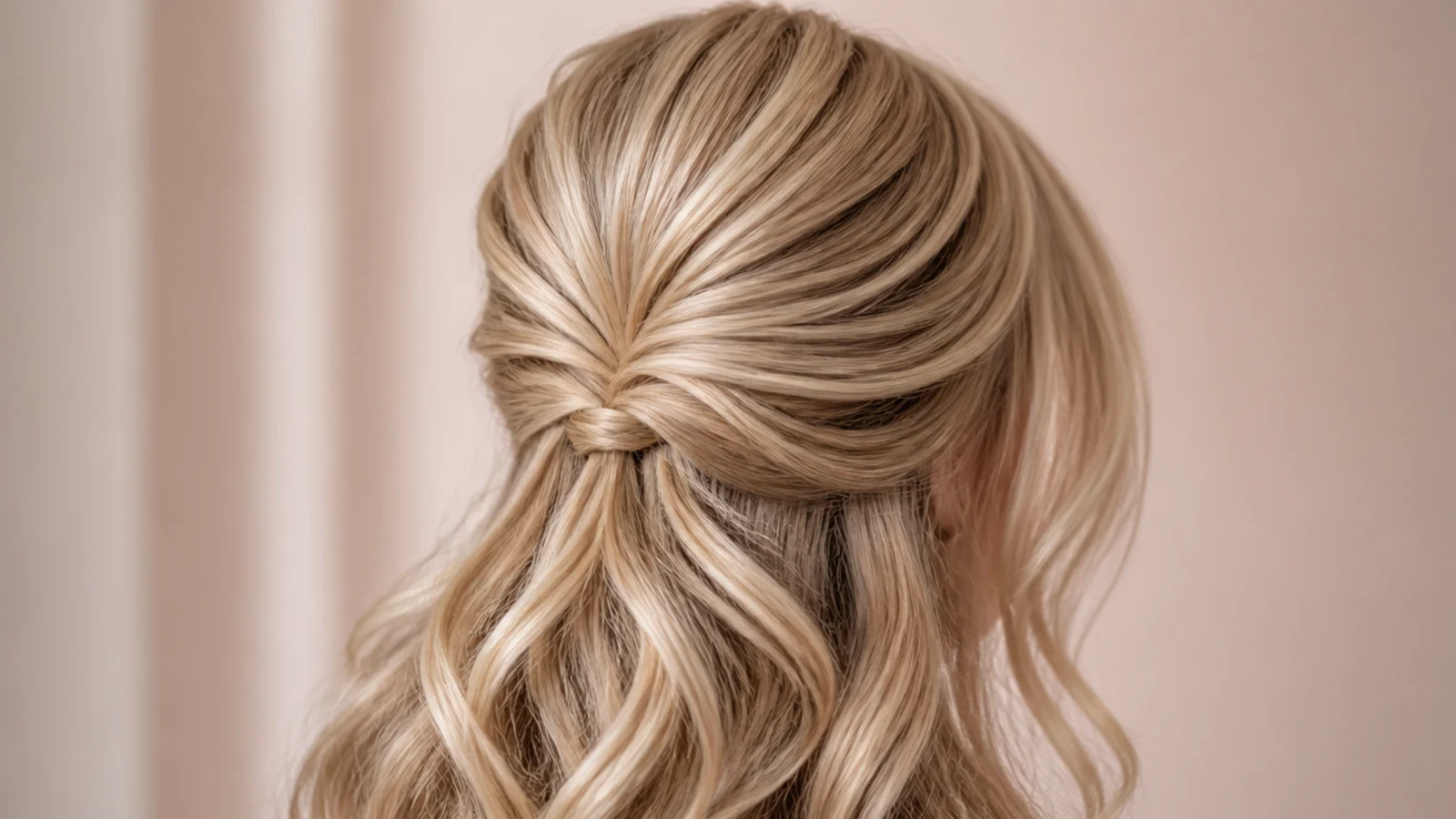 Half-up blonde curls secured at the crown with curtain bangs left loose, back view