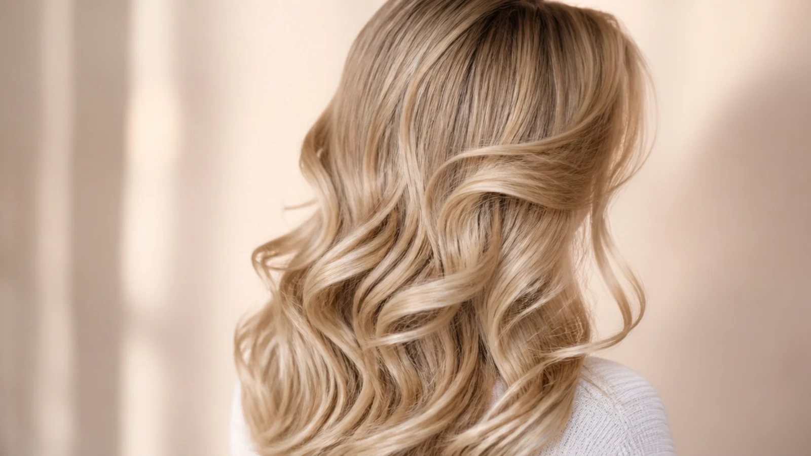 Soft brushed-out blonde curls forming one continuous wave with high crown volume, rear view