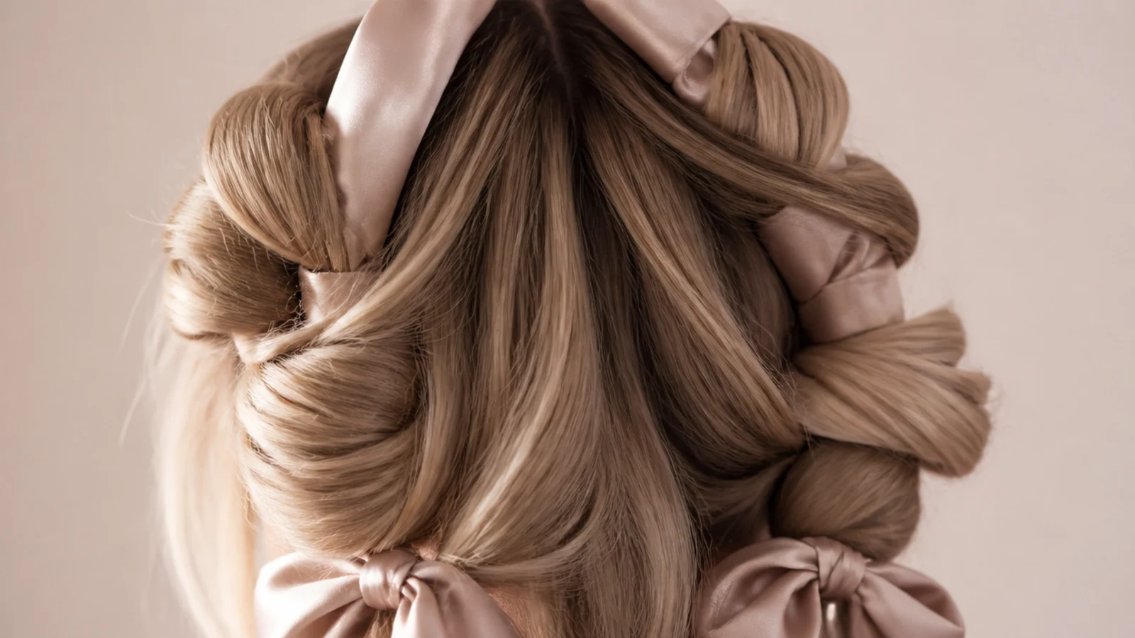 Damp blonde hair wrapped around a satin heatless curling ribbon overnight, seen from behind