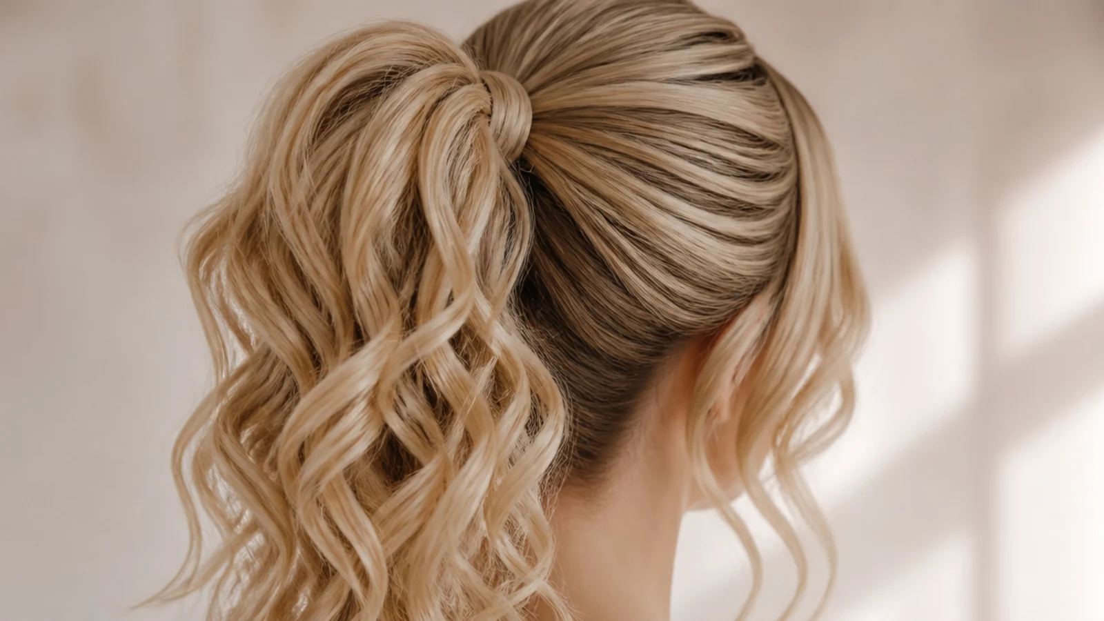 High curly blonde ponytail with loose face-framing curtain pieces left out, rear view