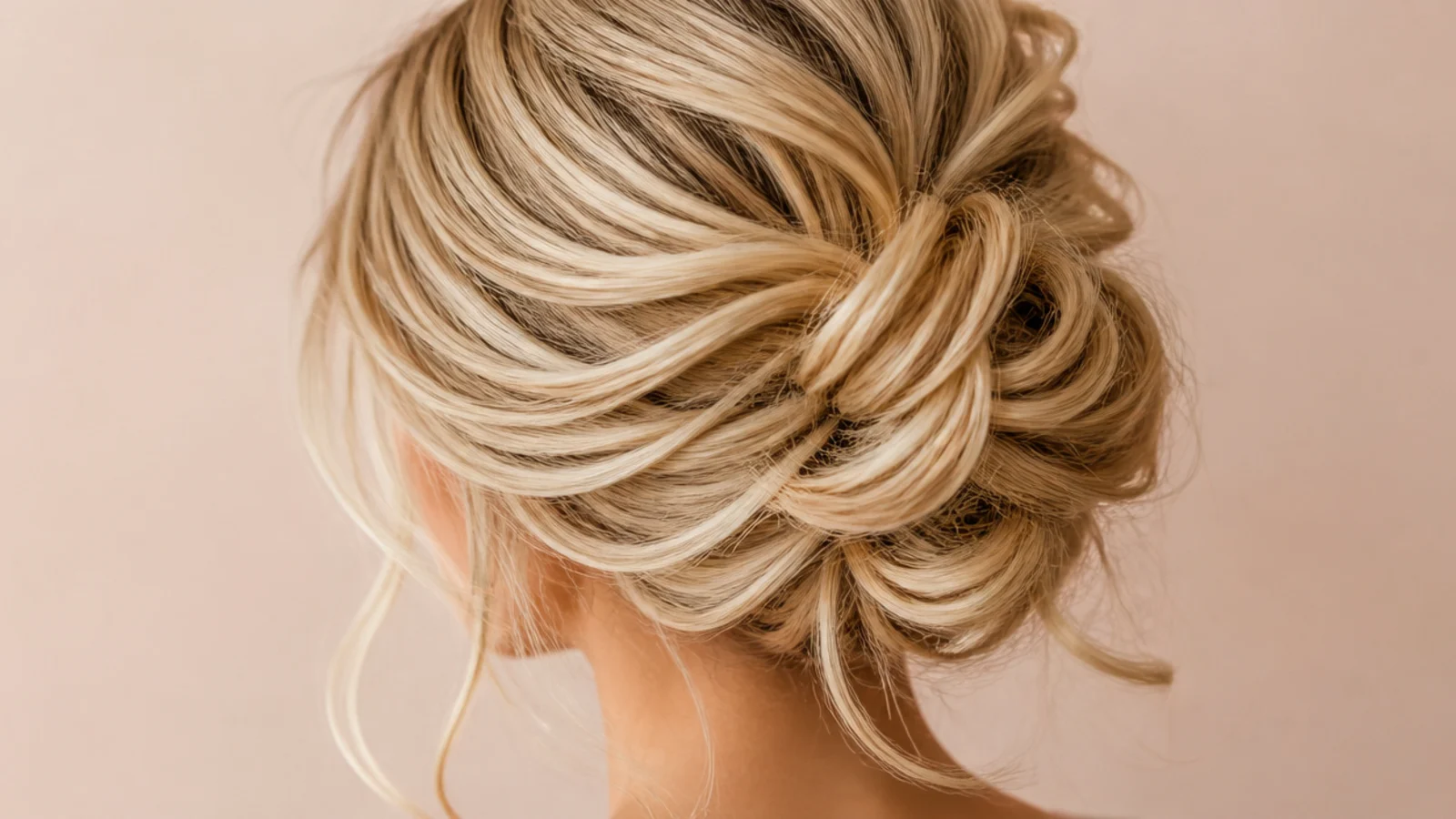 Soft curly blonde updo pinned at the back of the head with loose tendrils, back view