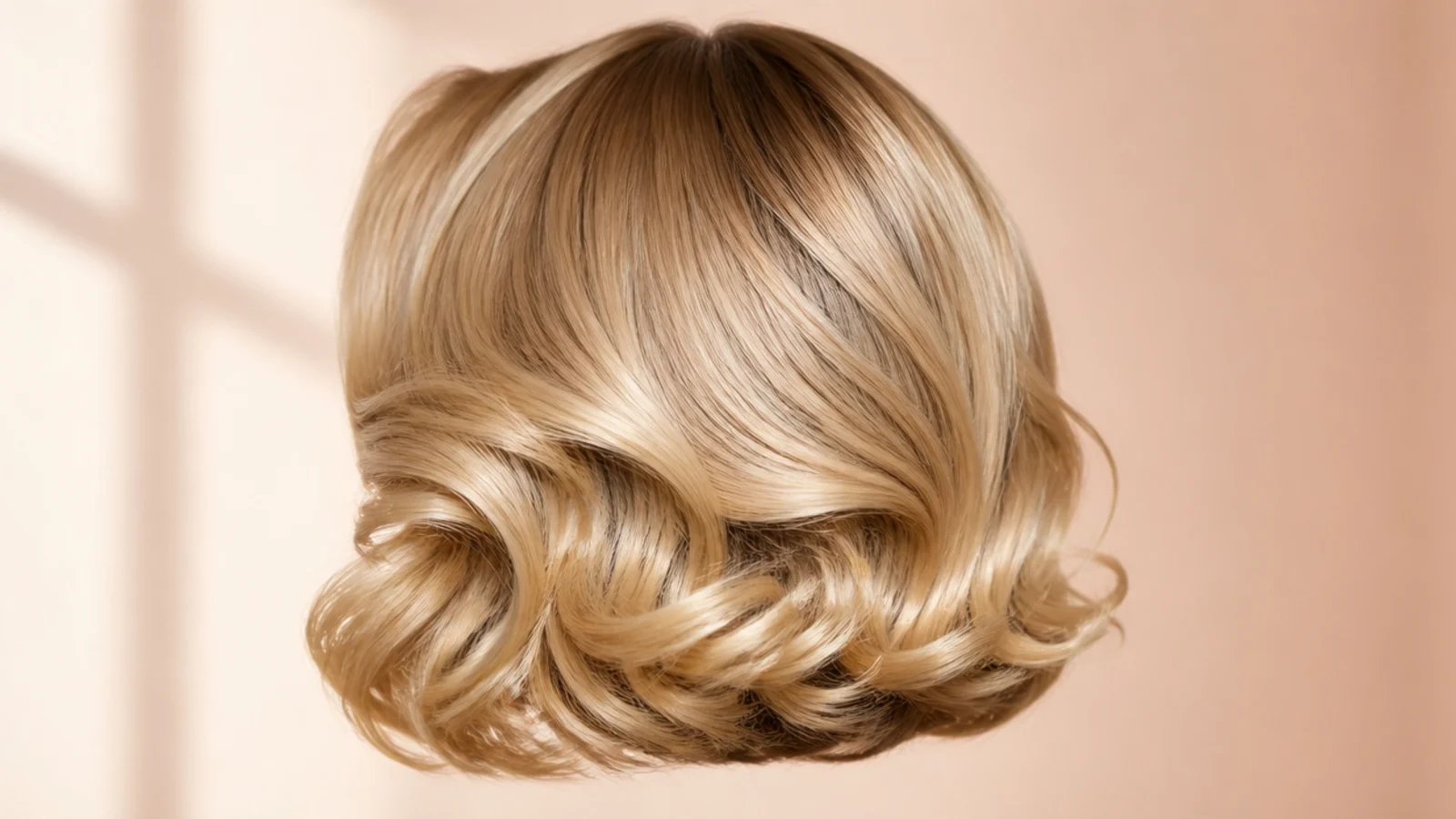 Shoulder-length blonde bob set in vintage pin curl waves with a deep side part, rear view