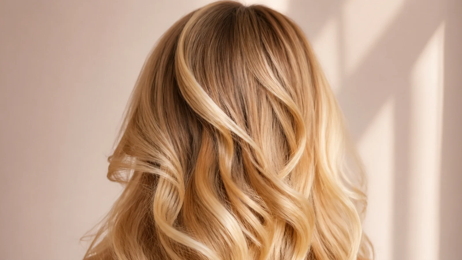 Blonde curls with brighter buttery money piece highlights on the front face-framing sections, rear view