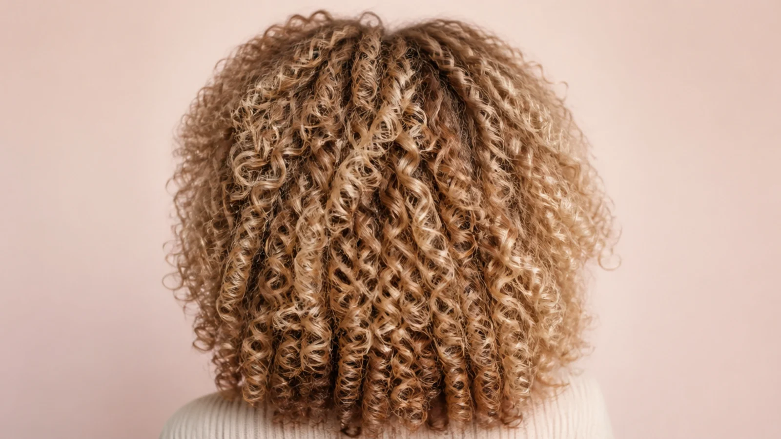 Defined 3c blonde curls in a wash-and-go with a tapered face-framing shape, back view