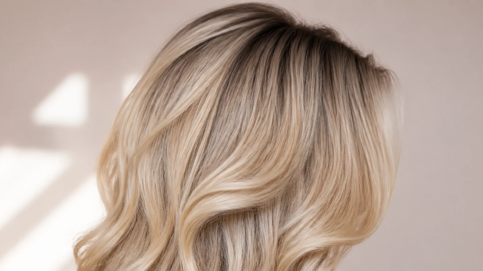 Second-day blonde curls refreshed at the roots with dry shampoo for lift, seen from behind