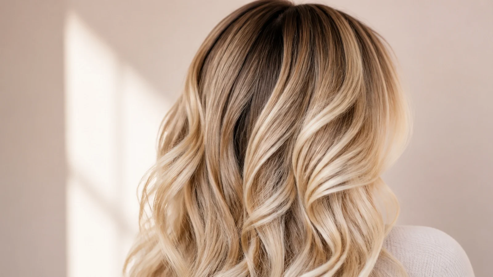 Blonde curls with a soft darker shadow root melting into buttery blonde lengths, rear view