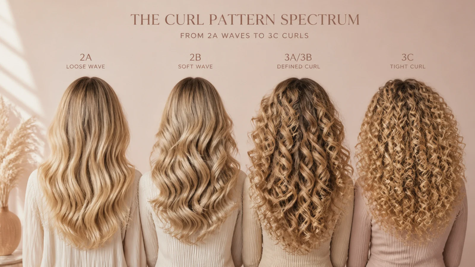 Four blonde curl patterns compared from loose 2a wave to tight 3c curl, all rear views
