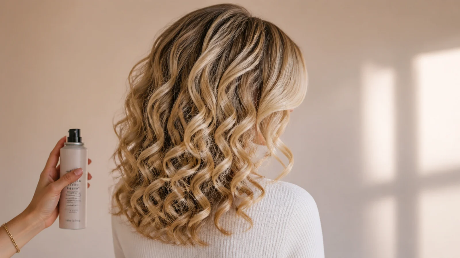 Curly blonde curtain fringe split into two face-framing sections at jaw length, three-quarter rear view
