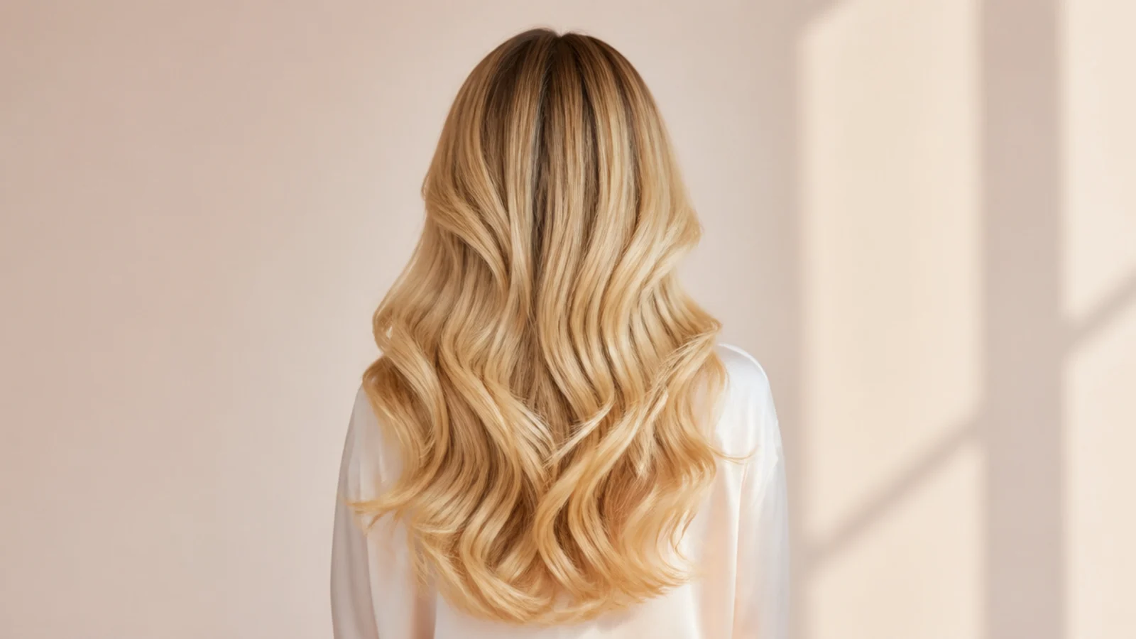 Long buttery blonde Hollywood curls with curtain bang face framing, photographed from behind