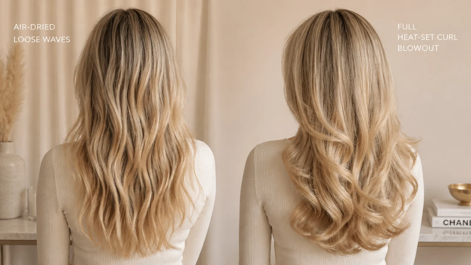 Air-dried loose blonde waves beside a full heat-set curl for comparison, both from behind